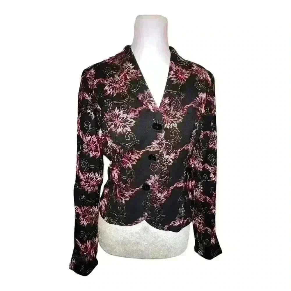 Nicole Miller black floral tapestry jacket look size 4